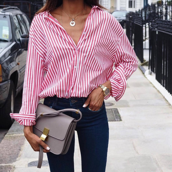 Women Striped Long Sleeve Blouse Shirt - Mazzolah
