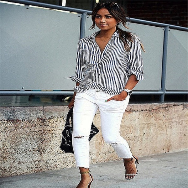 Women Striped Long Sleeve Blouse Shirt - Mazzolah