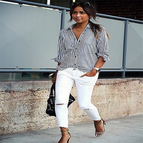 Women Striped Long Sleeve Blouse Shirt - Mazzolah