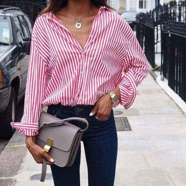 Women Striped Long Sleeve Blouse Shirt - Mazzolah