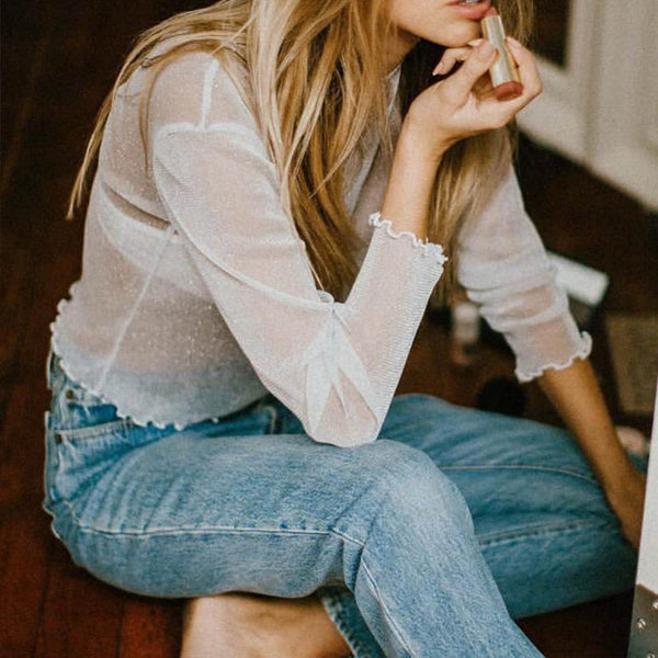 Sexy Mesh Shiny Long Sleeve T Shirt - Mazzolah