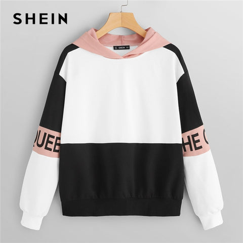 SHEIN Multicolor Elegant Color Block Letter Print Pullovers Hooded - Mazzolah
