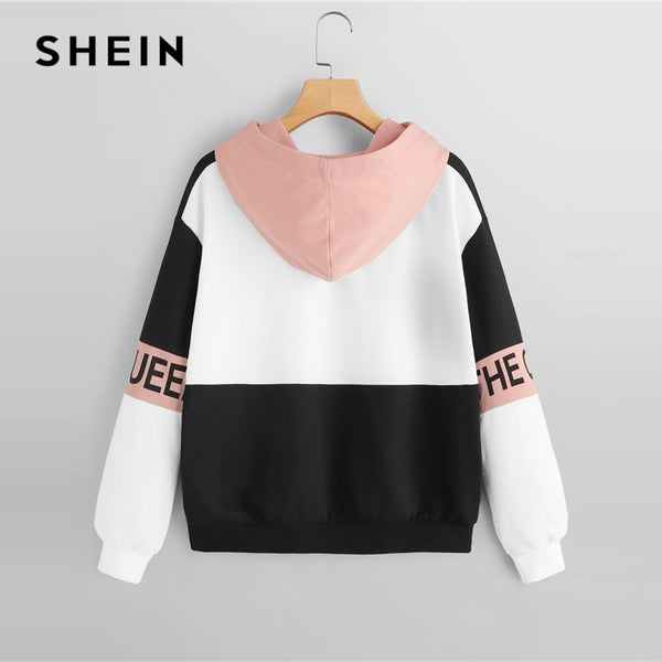 SHEIN Multicolor Elegant Color Block Letter Print Pullovers Hooded - Mazzolah