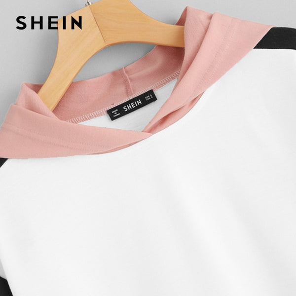 SHEIN Multicolor Elegant Color Block Letter Print Pullovers Hooded - Mazzolah