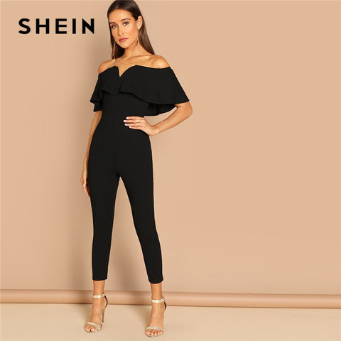 SHEIN Black Elegant Office Lady Solid Off Shoulder Short Sleeve - Mazzolah