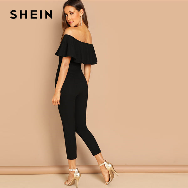 SHEIN Black Elegant Office Lady Solid Off Shoulder Short Sleeve - Mazzolah