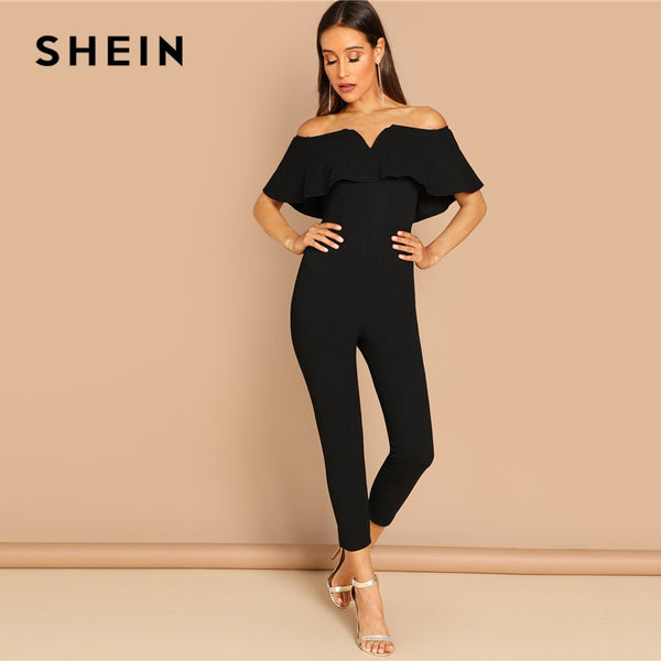 SHEIN Black Elegant Office Lady Solid Off Shoulder Short Sleeve - Mazzolah