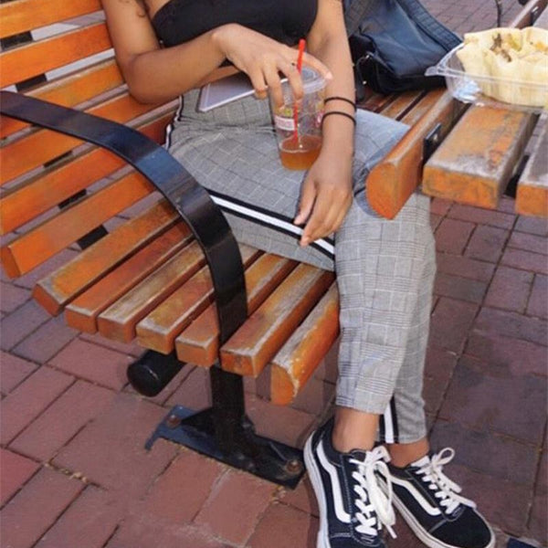 Elastic Stretchy Side Striped Plaid Pencil Pants - Mazzolah