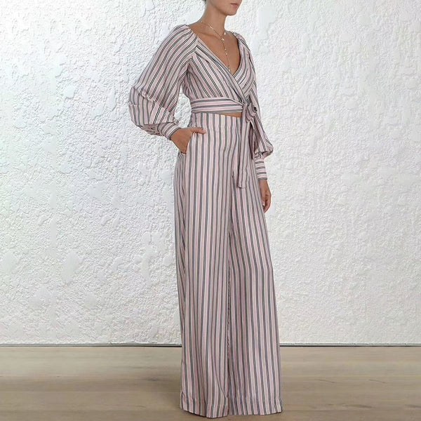 Striped Women Suit Lantern Long Sleeve V Neck - Mazzolah