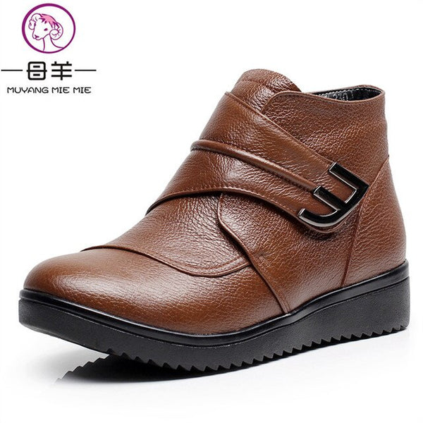 Wool Women Boots Genuine Leather Flat Ankle Boots - Mazzolah