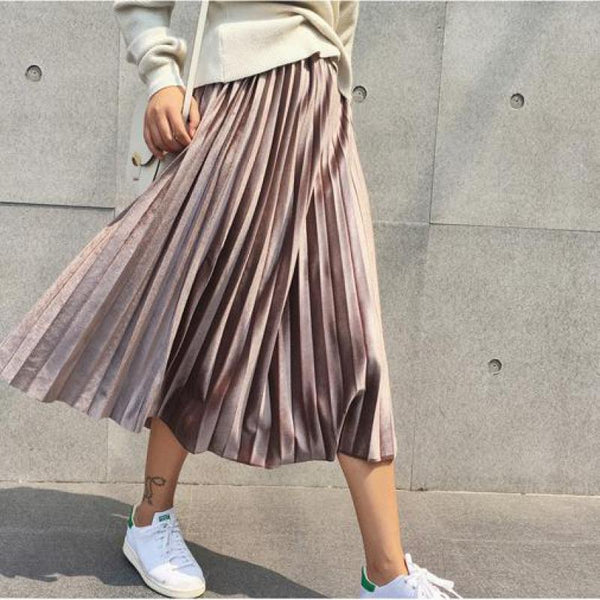Women Long Metallic Silver Maxi Pleated Skirt - Mazzolah