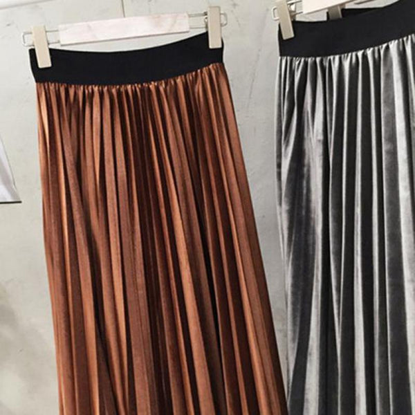 Women Long Metallic Silver Maxi Pleated Skirt - Mazzolah