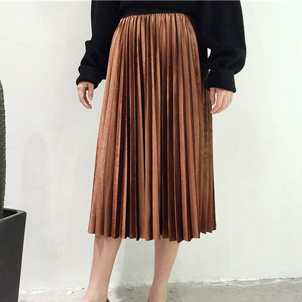 Women Long Metallic Silver Maxi Pleated Skirt - Mazzolah