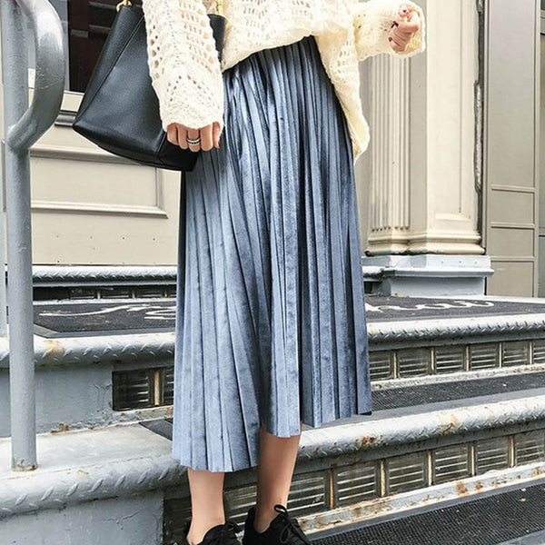 Women Long Metallic Silver Maxi Pleated Skirt - Mazzolah