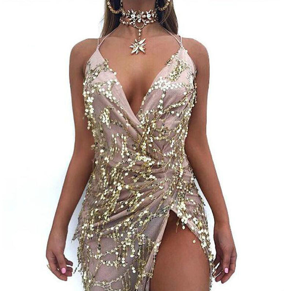 Night club elegant gold shiny sequin long evening maxi spring party dress - Mazzolah