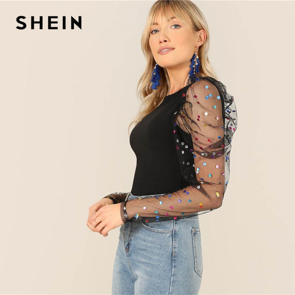 Black Colorful Dot Puff Shoulder T Shirt - Mazzolah