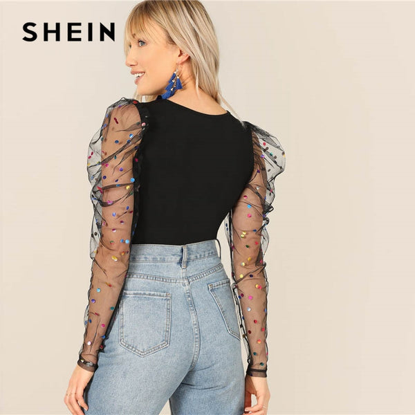 Black Colorful Dot Puff Shoulder T Shirt - Mazzolah