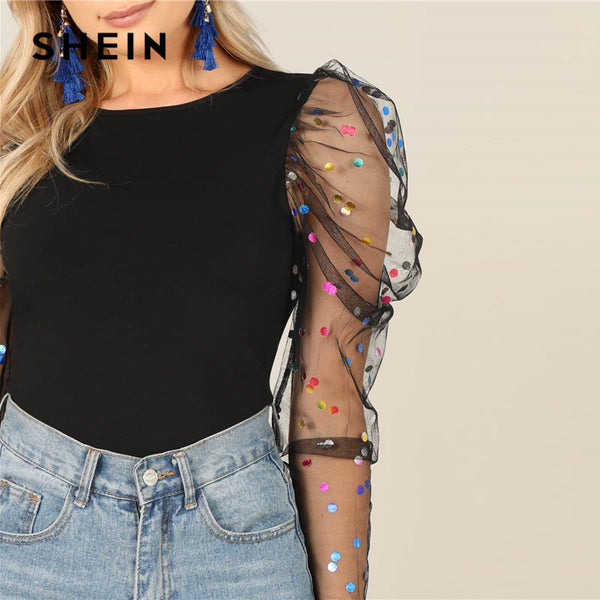 Black Colorful Dot Puff Shoulder T Shirt - Mazzolah