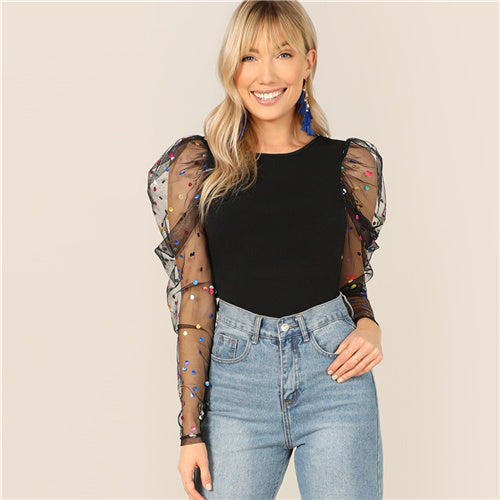 Black Colorful Dot Puff Shoulder T Shirt - Mazzolah