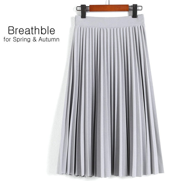 Spring Autumn Fashion Women's High Waist Pleated Solid Color Half Length Elastic Skirt - Mazzolah