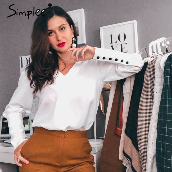 V neck women blouse shirt Puff sleeve - Mazzolah