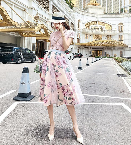 printed mesh two-piece suit large swing skirt suit - Mazzolah