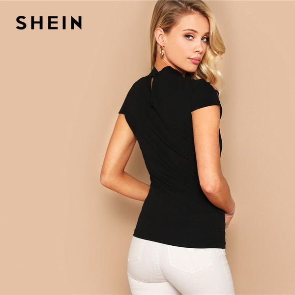 SHEIN Sexy Black Keyhole Back Ladder Cut-out Form Fitting Tee Solid T Shirt - Mazzolah