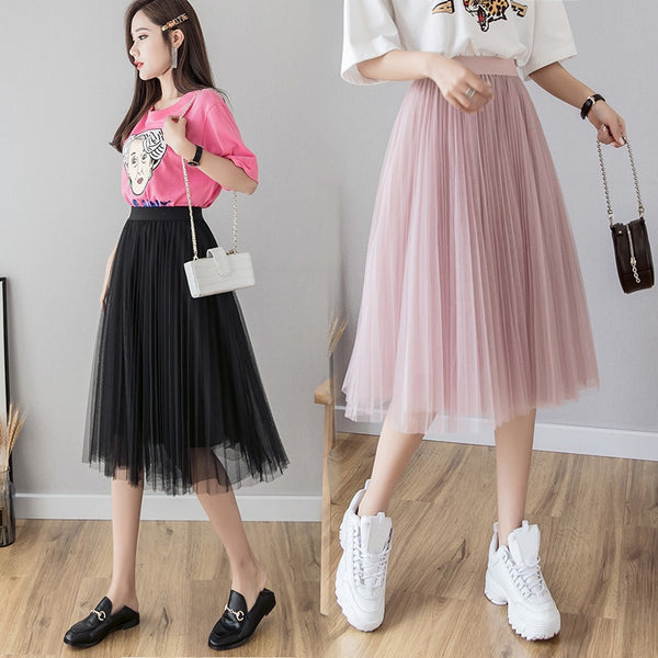 Midi Pleated Skirt Black Pink Tulle - Mazzolah