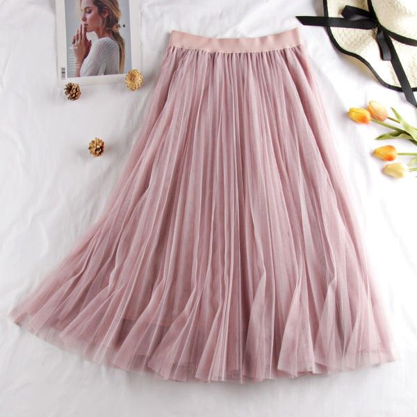 Midi Pleated Skirt Black Pink Tulle - Mazzolah