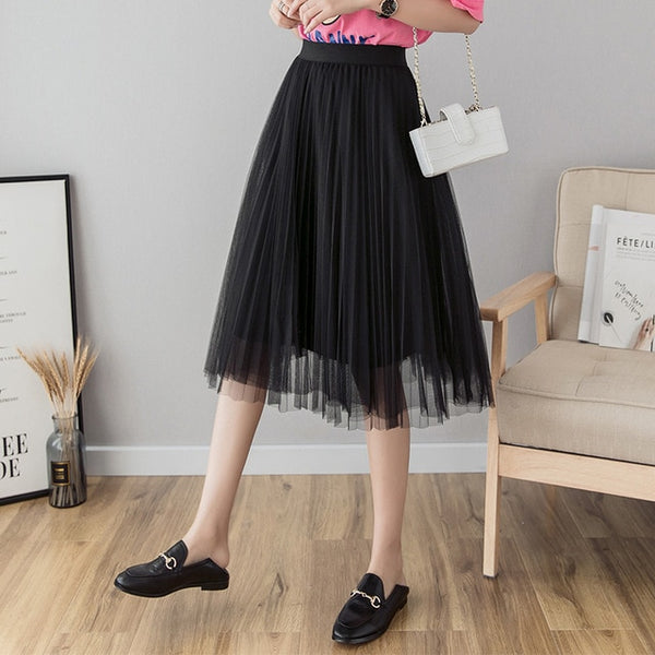 Midi Pleated Skirt Black Pink Tulle - Mazzolah