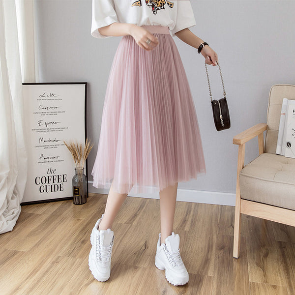 Midi Pleated Skirt Black Pink Tulle - Mazzolah