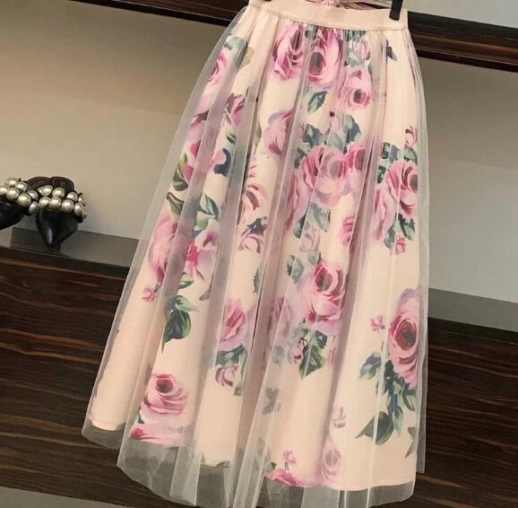 printed mesh two-piece suit large swing skirt suit - Mazzolah