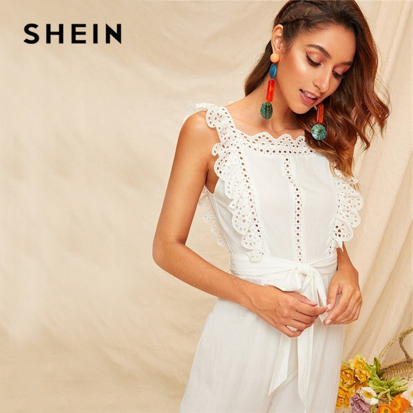SHEIN Embroidery Eyelet Scallop Trim Backless Wide Leg Sexy Jumpsuit - Mazzolah