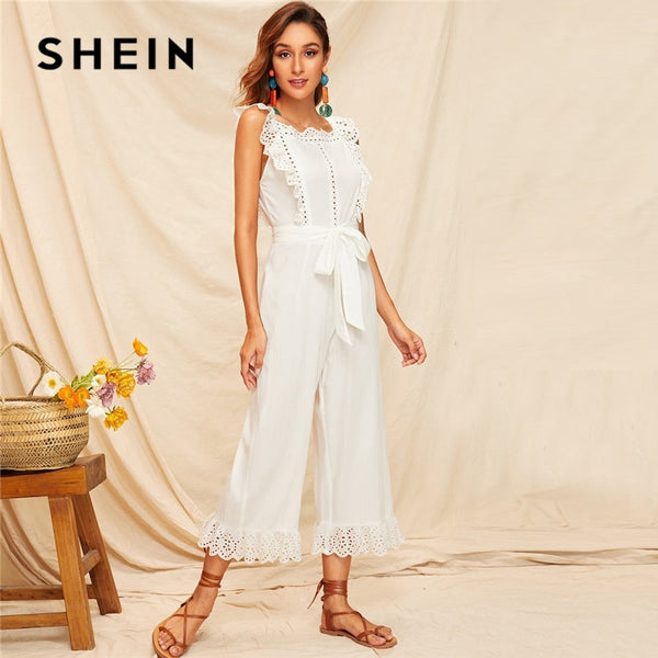 SHEIN Embroidery Eyelet Scallop Trim Backless Wide Leg Sexy Jumpsuit - Mazzolah