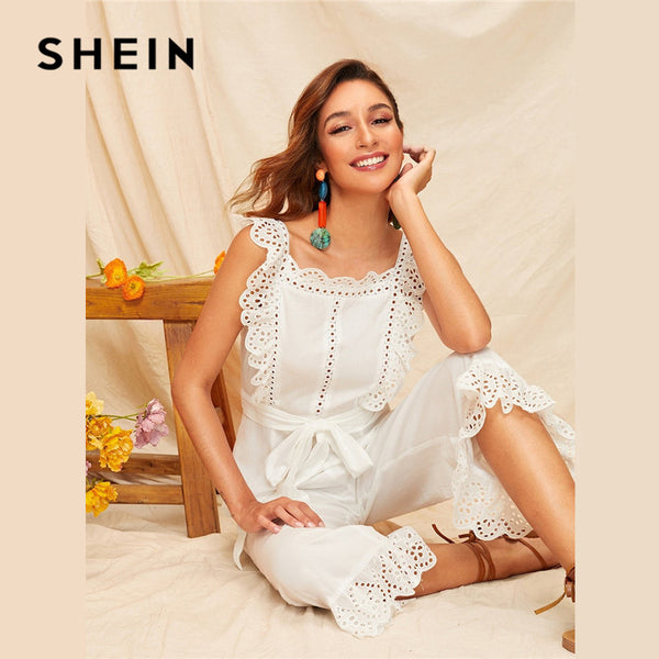 SHEIN Embroidery Eyelet Scallop Trim Backless Wide Leg Sexy Jumpsuit - Mazzolah