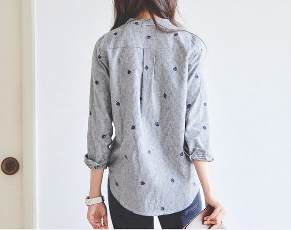Spring Autumn Shirt Leaves Embroidery Long Sleeve Women - Mazzolah