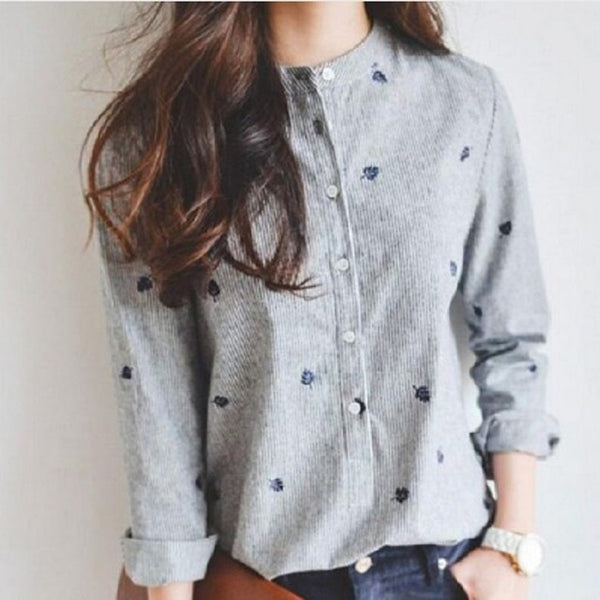 Spring Autumn Shirt Leaves Embroidery Long Sleeve Women - Mazzolah