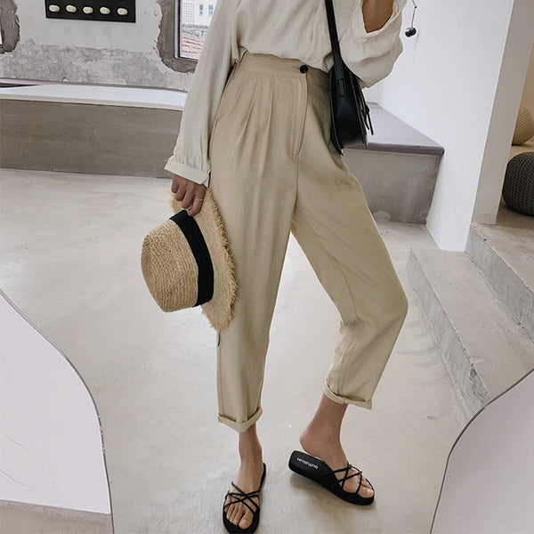 Casual High Waist Pencil Linen Pants - Mazzolah
