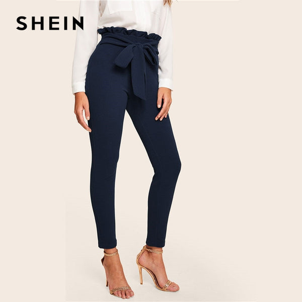 SHEIN Elegant Paperbag Waist Belted Detail Solid High Waist Pants - Mazzolah