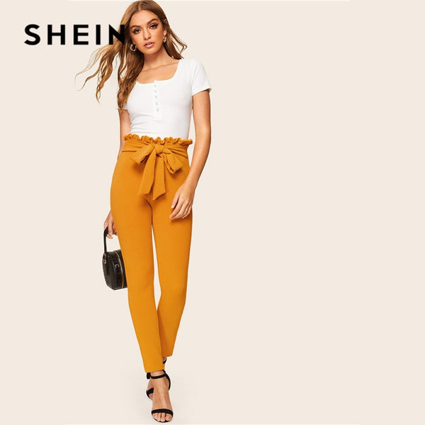 SHEIN Elegant Paperbag Waist Belted Detail Solid High Waist Pants - Mazzolah