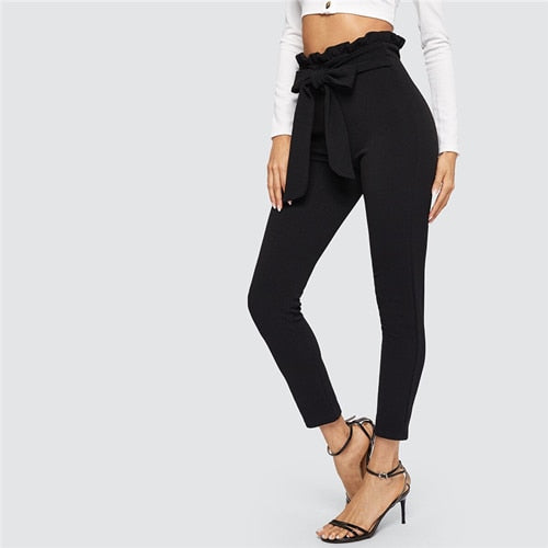 SHEIN Elegant Paperbag Waist Belted Detail Solid High Waist Pants - Mazzolah