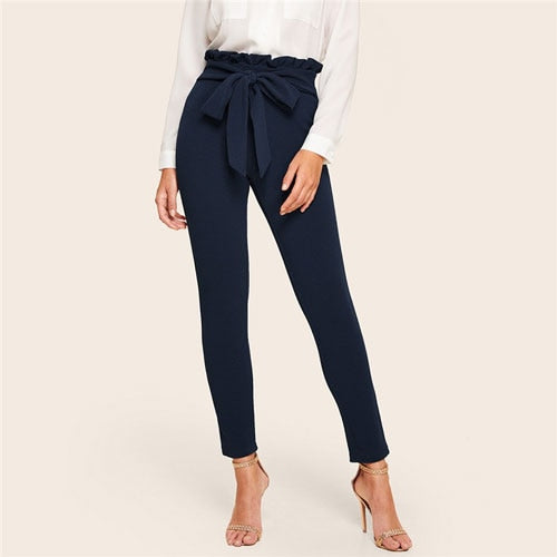 SHEIN Elegant Paperbag Waist Belted Detail Solid High Waist Pants - Mazzolah