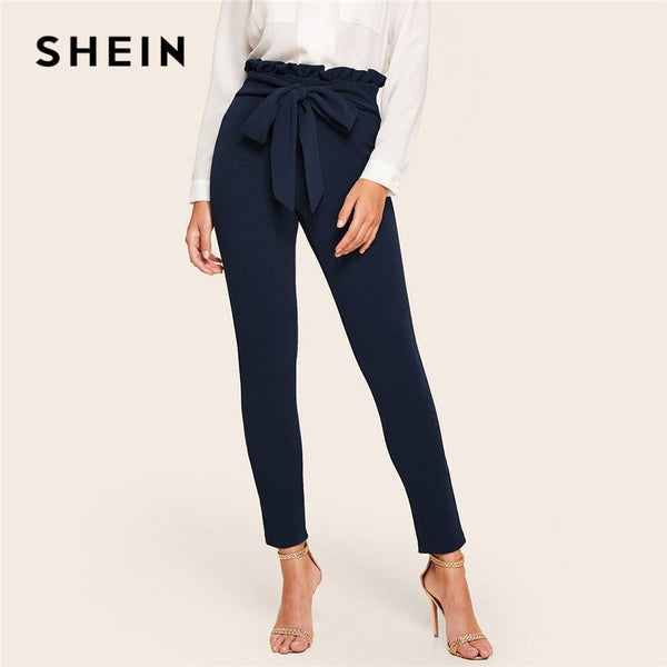 SHEIN Elegant Paperbag Waist Belted Detail Solid High Waist Pants - Mazzolah