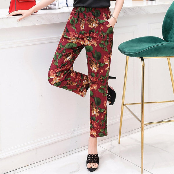 Women Pants Korean Cotton Linen Elastic Waist - Mazzolah