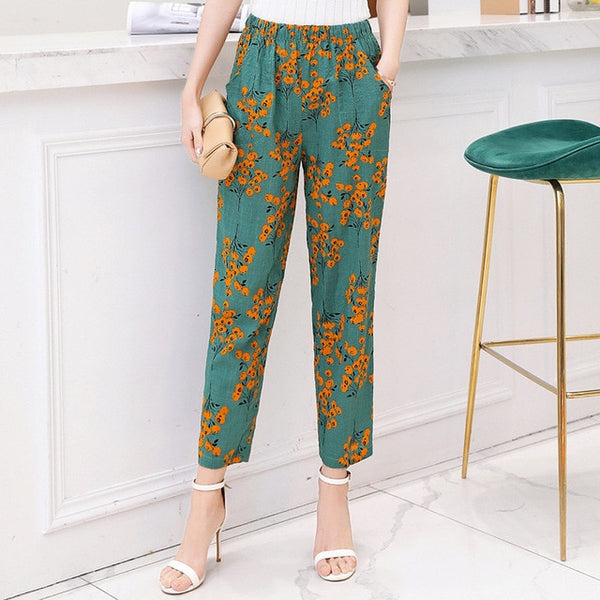 Women Pants Korean Cotton Linen Elastic Waist - Mazzolah