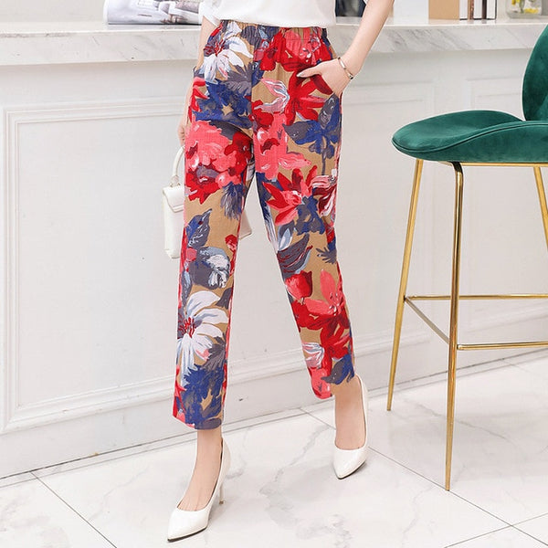 Women Pants Korean Cotton Linen Elastic Waist - Mazzolah