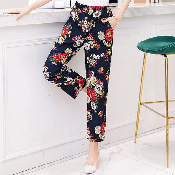 Women Pants Korean Cotton Linen Elastic Waist - Mazzolah