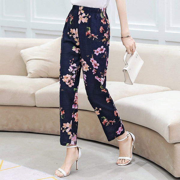 Women Pants Korean Cotton Linen Elastic Waist - Mazzolah